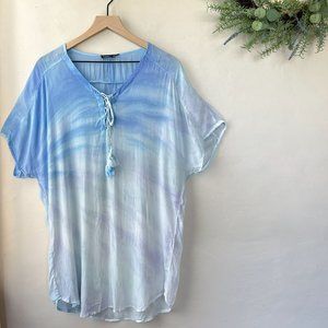 Gypsy 05 Blue Tie Dye Crepe Tassel Swim Cover-Up Tunic Top